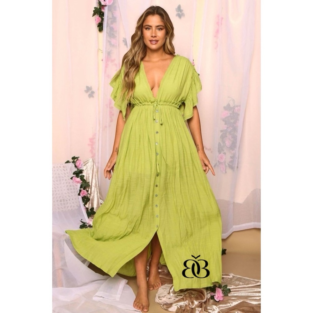 Peach Love Lime Green Deep V Button Front Maxi Dress